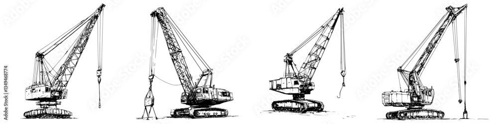 Cranes in various positions showing different construction activities on a construction site in broad daylight Cranes in various positions showing different construction activities on a construction site in broad daylight