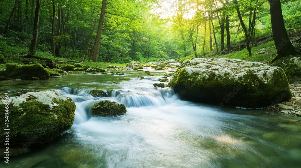 Serene Forest Stream Flowing Gently Over Moss-covered Rocks Bathed In Soft Sunlight Filtering Through Lush Green Trees Serene Forest Stream Flowing Gently Over Moss-covered Rocks Bathed In Soft Sunlight Filtering Through Lush Green Trees