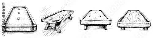 Detailed sketches of a traditional tabletop game with four distinct views showcasing its design and structure during a creative session