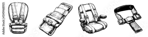 Detailed sketches of various safety seat belts for vehicles illustrating design and functionality