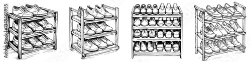 Various styles of shoes organized on wooden racks in a neat display for easy selection in a retail setting