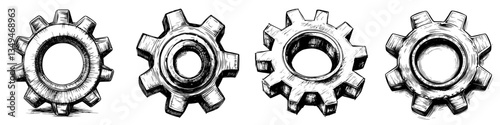 Detailed sketches of four different gears showcasing varying styles and designs highlighting gear engineering concepts