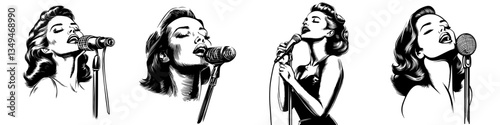Vintage illustration of a singer performing passionately on stage with a microphone in the spotlight