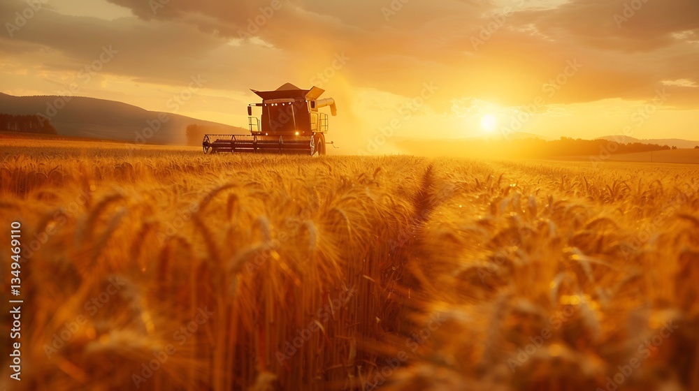 Fototapeta premium Vast wheat farm in the United States with modern combine harvesters working in sync under a golden sunset showcasing large scale commercial agriculture for global food markets