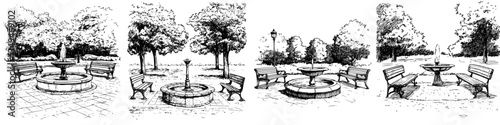 Four sketches illustrate a public park with fountains and benches among trees during daytime