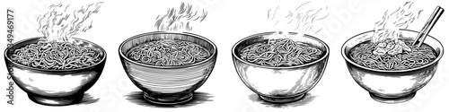 Noodles in steaming bowls presented at different stages in a kitchen setting during the afternoon