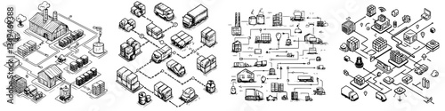 Complex logistics and supply chain ecosystem illustrating flow of goods from production to distribution across various environments