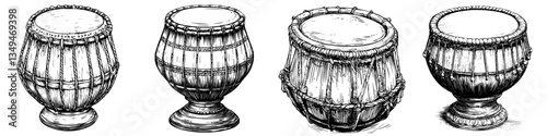 Different styles of traditional drums displayed in artistic sketch form showcasing their unique design details and craftsmanship