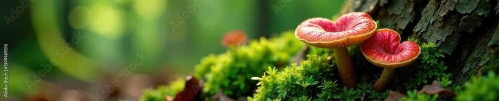 Heart-shaped mushrooms growing near a tree trunk, nature, forest floor, biodiversity Heart-shaped mushrooms growing near a tree trunk, nature, forest floor, biodiversity