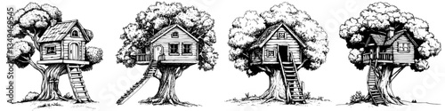 Illustrations of unique treehouses in various designs, showcasing playful architecture nestled among lush foliage