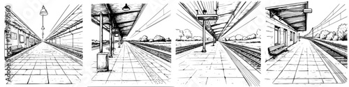 Detailed sketches of a train station showcasing platforms, waiting areas, and tracks during a quiet afternoon
