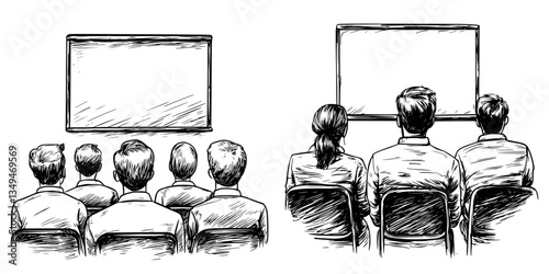 Audience attentive during a presentation in a conference room with two screens displaying information