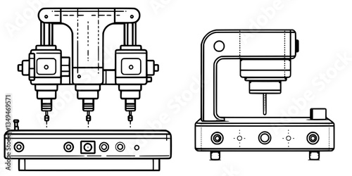 Detailed schematic illustration of a multi-nozzle dispensing machine in industrial application setting
