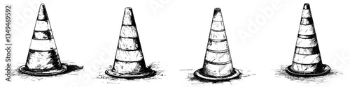 Traffic cones arranged in a sequence highlighting various levels of wear and tear during a daytime road work project