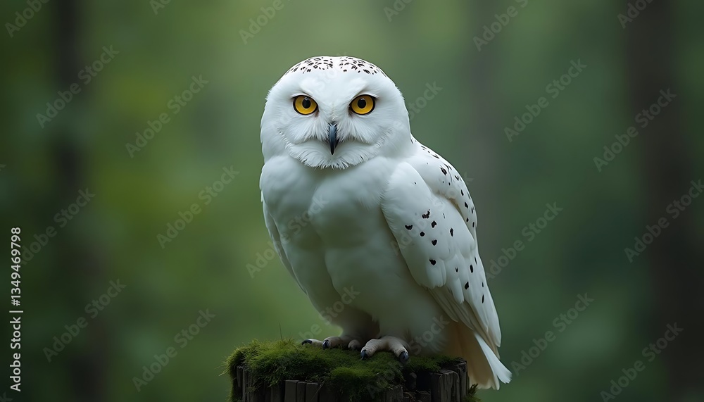 Obraz premium Snowy Owl Portrait on Mossy Perch Looking Directly at Camera