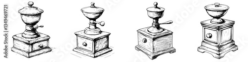 Vintage coffee grinders displayed in a row highlighting their unique designs and craftsmanship
