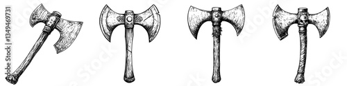 Collection of decorative axes displayed together showcasing various designs and styles