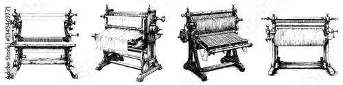 Historical weaving looms showcasing various styles and designs used in textile production during different periods