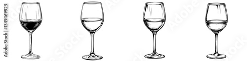 Detailed illustration of different wine glasses showcasing various levels of wine during an elegant tasting event in a refined setting