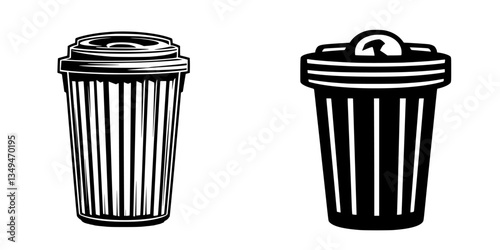 Two different styles of trash cans with distinct designs displayed in black and white illustration