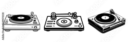 Vintage turntables lined up showcasing classic record-playing technology in a minimalist black and white design