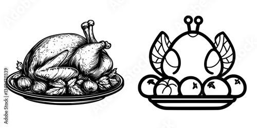 Roasted turkey and festive platter with vegetables for a family dining celebration