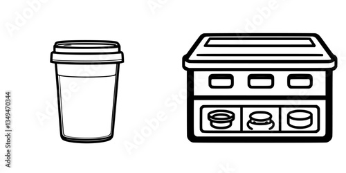 Coffee cup and takeout box displayed in a minimalist style, highlighting popular food and drink choices for a casual meal