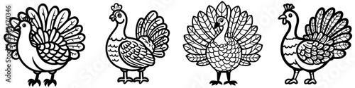 Colorful turkeys in various poses celebrating harvest festival in autumn season