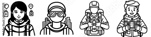 Travelers exploring urban landscapes with backpacks and cameras in city life