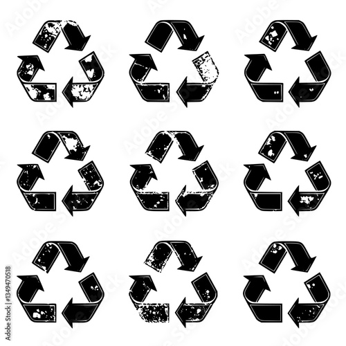 Various designs of a recycle symbol in black and white showcasing different textures and styles