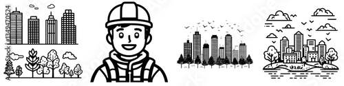 Construction worker standing in front of an urban skyline with trees and buildings in a professional setting