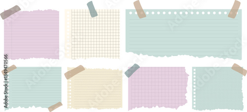 Set of pastel-colored torn notebook paper sheets with adhesive tape, featuring lined, grid, and dot patterns. Aesthetic and vintage-style stationery elements for journals, planners, scrapbooks