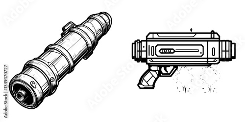 Detailed illustrations of two different types of futuristic weapons depicting a rocket launcher and a handheld gun design