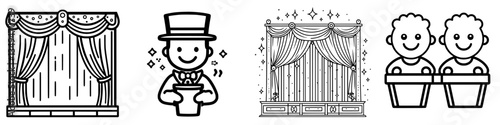 Colorful illustrations show a magician, stage curtains, and audience enjoying a lively performance at a theater