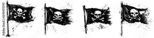 Set of four pirate flags featuring skull and crossbones design in various styles and textures
