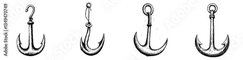 Various fishhooks displayed in a linear arrangement showcasing different designs and sizes for fishing enthusiasts