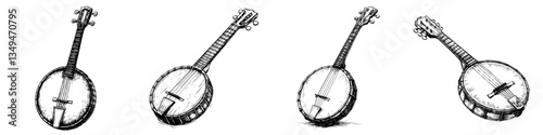 Various banjo designs showcasing different shapes and styles created with detailed sketches