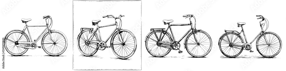 Detailed illustrations of a bicycle design showcasing various angles and features in a minimalist style Detailed illustrations of a bicycle design showcasing various angles and features in a minimalist style