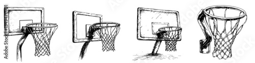 Dynamic progression of a basketball shot from various angles in a sketch style illustration