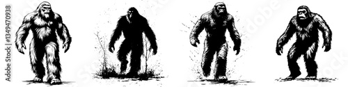 Bigfoot illustrations depict the mythical creature walking through diverse terrains in a mysterious forest setting