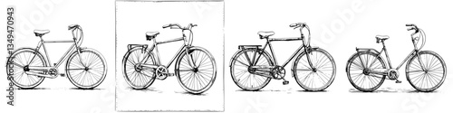 Detailed illustrations of a bicycle design showcasing various angles and features in a minimalist style