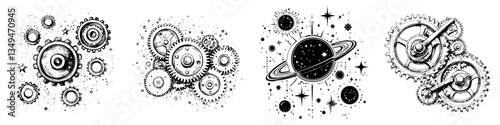 Intricate gear and cosmic designs blend technology with space in a creative illustration showcasing imagined mechanics and celestial bodies