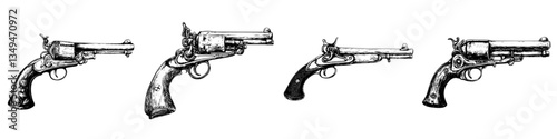 Collection of vintage pistols displayed on a white background showcasing unique designs and craftsmanship from different eras