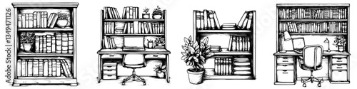 Stylish and organized home office setup featuring bookshelves and a desk in a cozy environment