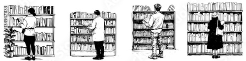 Exploring a diverse library where individuals engage with books in various ways throughout the day