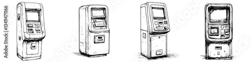 Vintage payment kiosks vary in design showcasing aging technology in urban settings