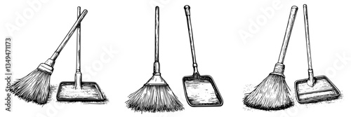 Cleaning tools arranged for efficient use in home or commercial settings, showcasing brooms and dustpans