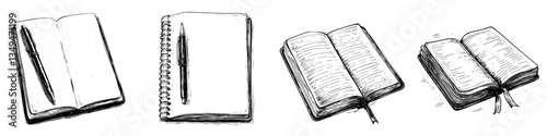 Different styles of notebooks and journals displayed creatively on a white background showcasing various writing surfaces and bindings