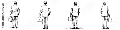 Businessman in four different poses walking with briefcase in a minimalist style
