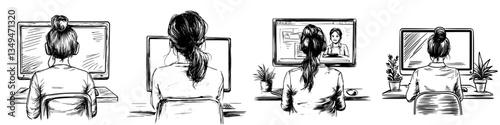 Remote learning activity featuring a student engaged in various online programs at a home workspace